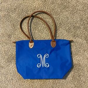 Blue Tote Bag with Brown Handles